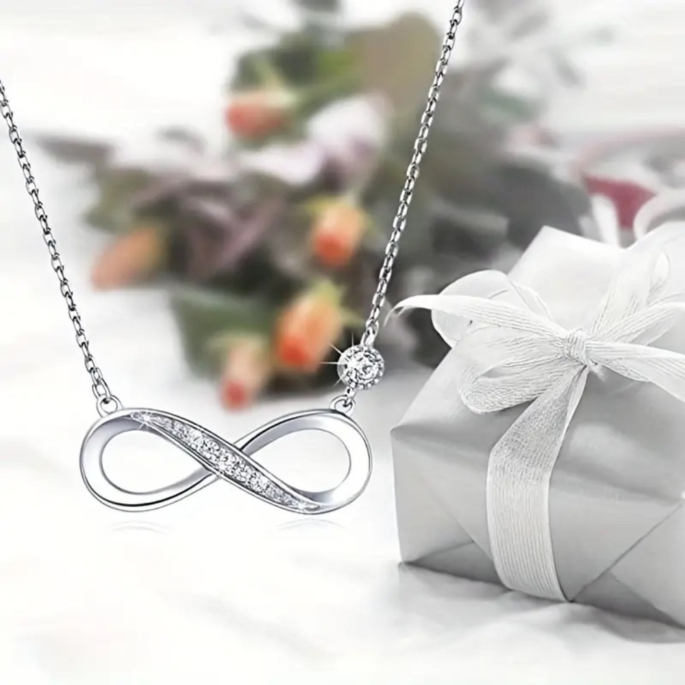 New Sterling Silver White Sapphire Infinity Design Chain Minimalist Necklace - Picture 6 of 14